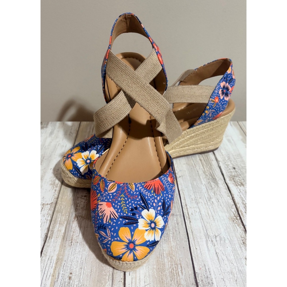 Easy Spirit Meza7 Wedge Sandals Womens 9 Blue Floral Espadrille Comfort